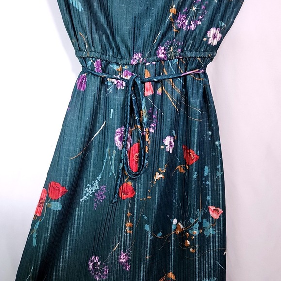 Vintage 70s Shimmer Floral Pleated Dress Cottagecore Fairycore Coquette Midi - Picture 10 of 11
